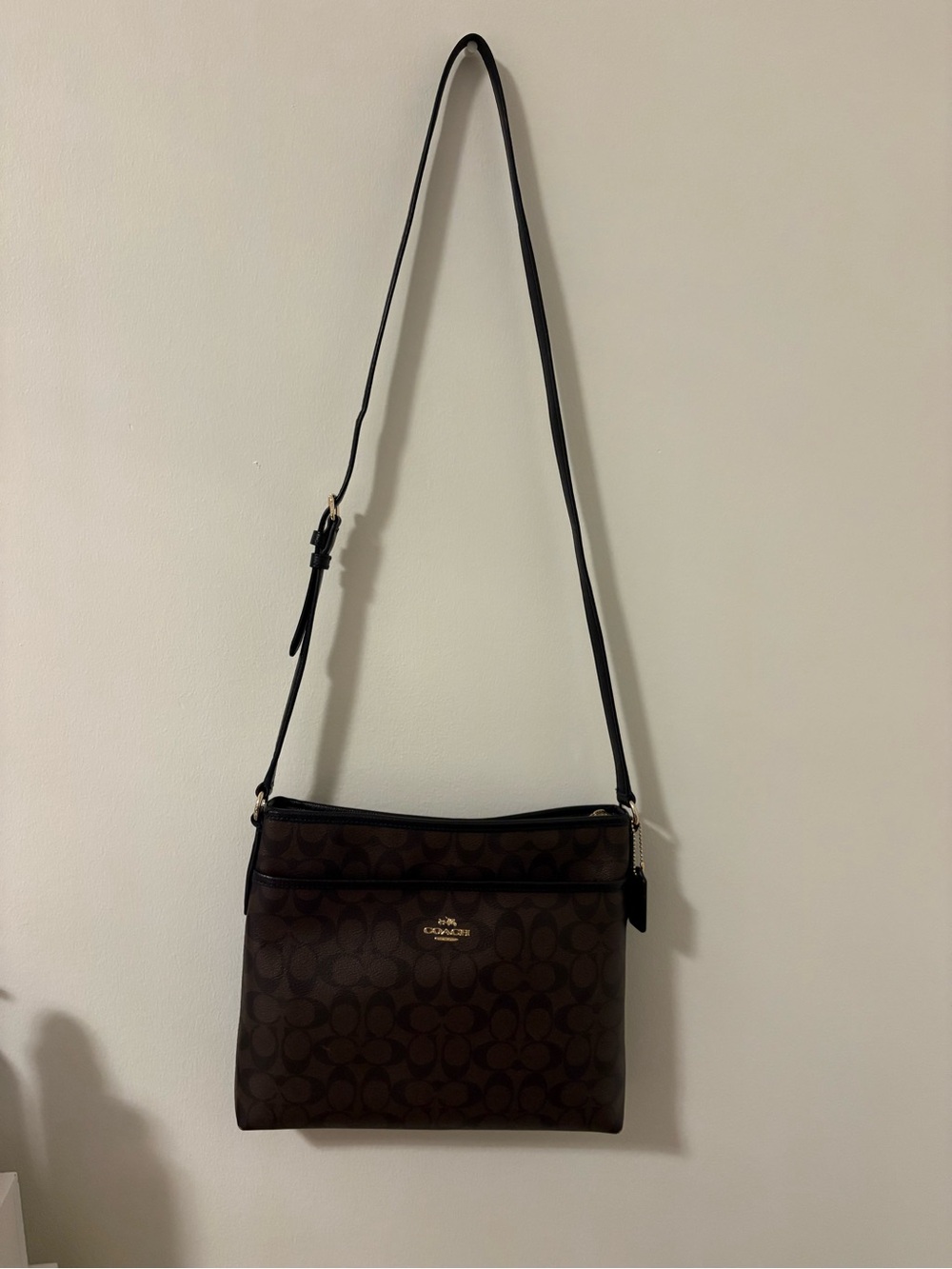 Coach Dark Brown Signature Messenger Bag with Black Strap